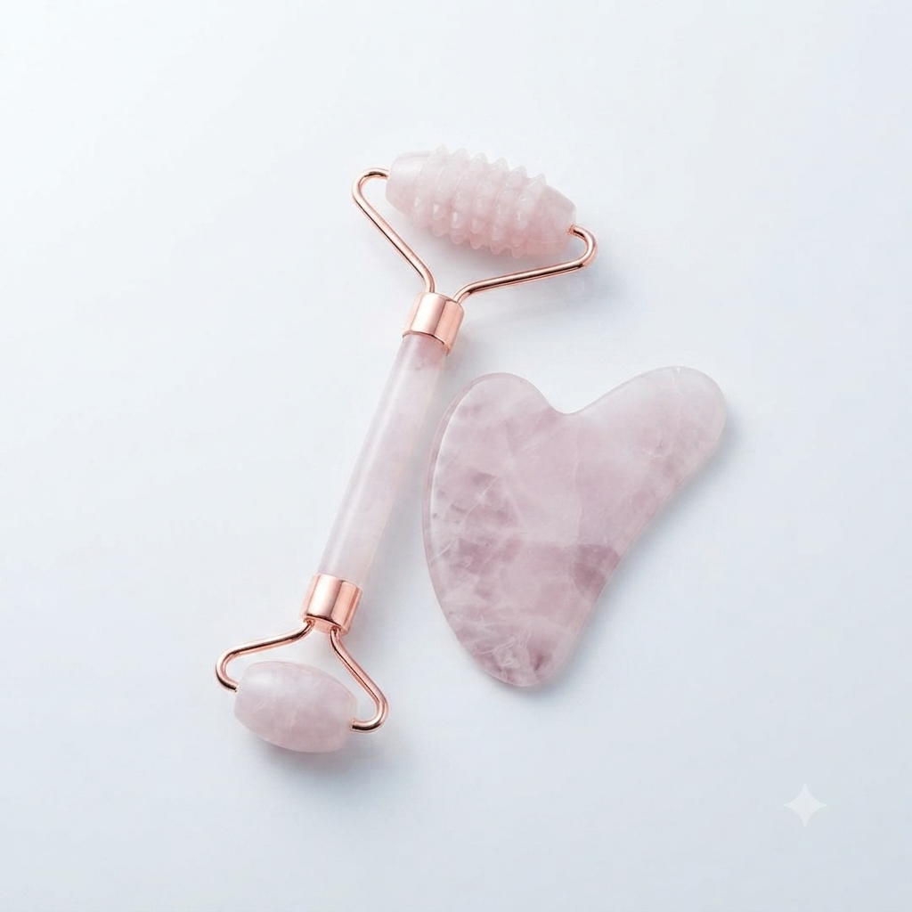 Img 1 : Set gua sha quartz rose et rouleau jade Ritual Glow — drainage lymphatique visage Lunéa